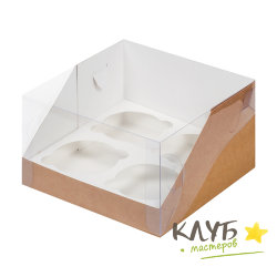 Коробка для 4-х капкейков с пластиковой крышкой крафт 16x16x10 см
