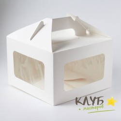 Коробка для торта с ручкой и двумя окнами белая 18х18х12 см