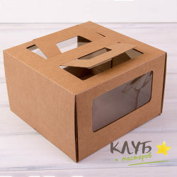 Коробка для торта крафт с ручкой и окном (гофрокартон) 30х30х19 см
