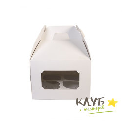 Коробка для 4-х капкейков белая с ручкой и окном 16х16х10 см
