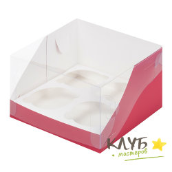 Коробка для 4-х капкейков с пластиковой крышкой красная 16x16x10 см
