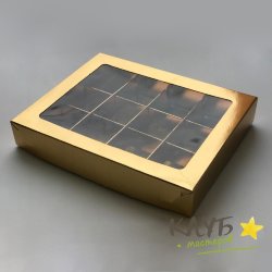 Коробка для конфет с пластиковой крышкой золото 12 ячеек 19х15х3 см