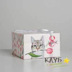 Коробка для 4-х капкейков "8 Марта. Кот с тюльпанами", 16x16x10 см