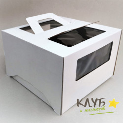 Коробка для торта белая с ручкой и окном (гофрокартон) 22х22х15 см