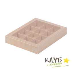 Коробка для конфет с пластиковой крышкой крафт 12 ячеек 19х15х3 см