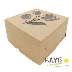 Коробка для 4-х маффинов крафт "Тюльпаны", 16,5х16,5х10 см (набор 5 шт.)