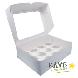 Коробка для 12-ти маффинов белая с квадратным окном 33х25х10 см